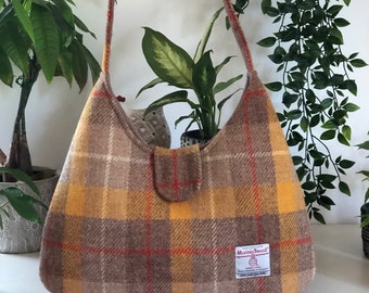 Harris Tweed Bag, Beige Yellow Tartan Handbag, Scottish Wool Purse