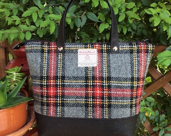 Grey and Red Harris Tweed Bag with Black Cork Accent,  Scottish Wool Purse, Gift for Women