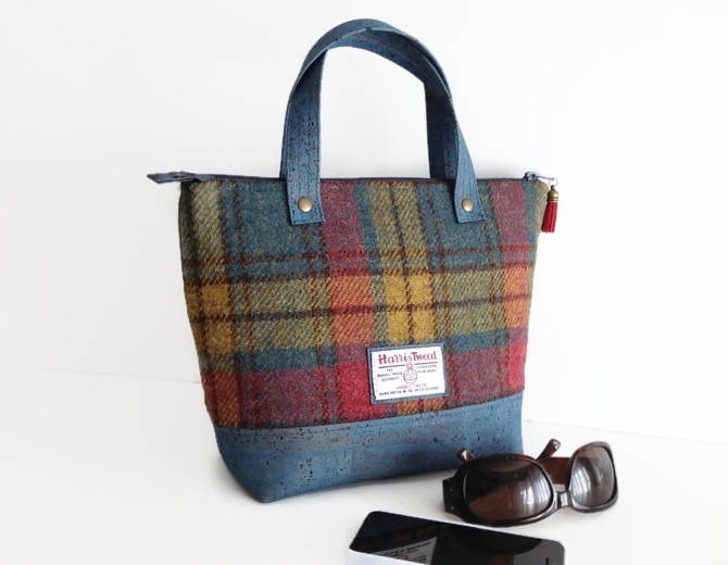 Harris Tweed Bag With Blue Cork Accent Mother's Day Gift | Etsy UK