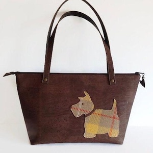 Brown Cork Bag with Scottish Terrier Appliqué, Harris Tweed Scottie