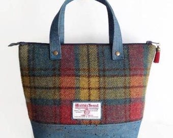 Harris Tweed Bag with Blue Cork Accent, Mother's Day Gift, Multicoloured Tartan Bag Scottish Wool Purse