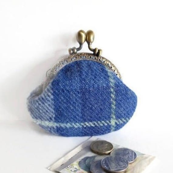Harris Tweed Coin Purse, Blue Tartan, Metal Frame Change Pouch, Gift for Her