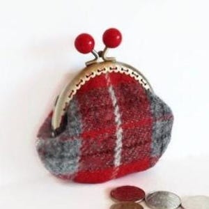 Harris Tweed Coin Purse, Red Tartan Kiss Lock Purse, Christmas Gift, Stocking Filler