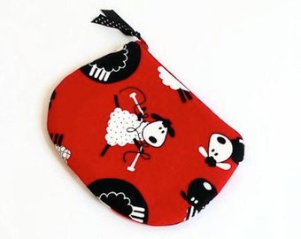 Small Pouch with Zipper / Cute Sheep Red Purse / Handmade Small Zip Bag