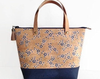 Cork Bag with Blue Flower Print, Eco Friendly handbag, Vegan Gift