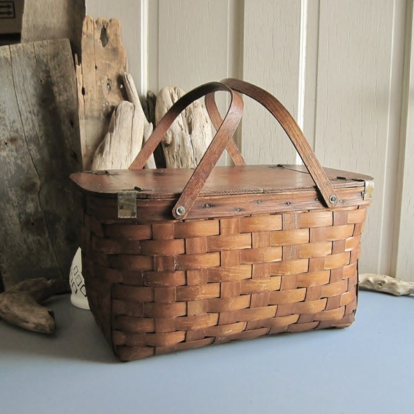 Split Wood Picnic Basket, Double Lid~ Home/ Studio Storage, Rustic Modern, Urban Farmhouse