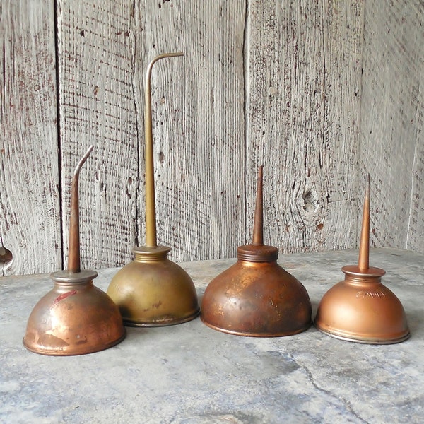 Industrial Metal Oiler Collection ~ Set of 4 Antique Brass & Copper Eagles, Oil Cans, 1940’s Minnesota, Vintage Home Studio Decor /0321