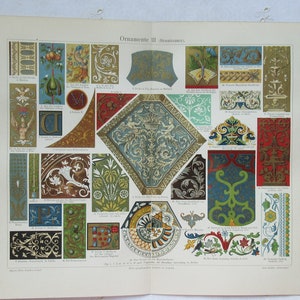 German Chromolithograph Print from Meyers Konversations Lexikon Ornamente III Antique Dictionary Page from 1908 Decoration Renaissance