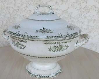 Tureen with Lid BADONVILLER, Empire Model. 1890-1910 Vintage Ironstone Footed Tureen, Green Transferware, Antique French