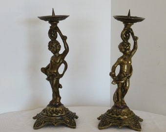 Cherub Candlesticks, 11" Pair of Putti Vintage Candle holders, finished in heavy Brass. Fantastic for Fine Dining!