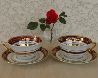 Lot de 2 tasses à thé et soucoupes Limoges peintes à la main rouge et or Limoges NODROG Paris, cadeau de mariage