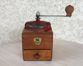 Coffee Grinder,  Vintage French Coffee Mill,  Peugeot Freres in Wood with Red Enamel Top, French Kitchenalia,