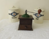 Fabulous French Coffee Grinder, Vintage French Coffee Mill, Peugeot Freres in Wood with Green Enamel Top in Excellent Condition