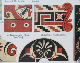 German Chromolithograph Print from Meyers Konversations Lexikon Ornamente III Antique Dictionary Page from 1908 Decoration Renaissance