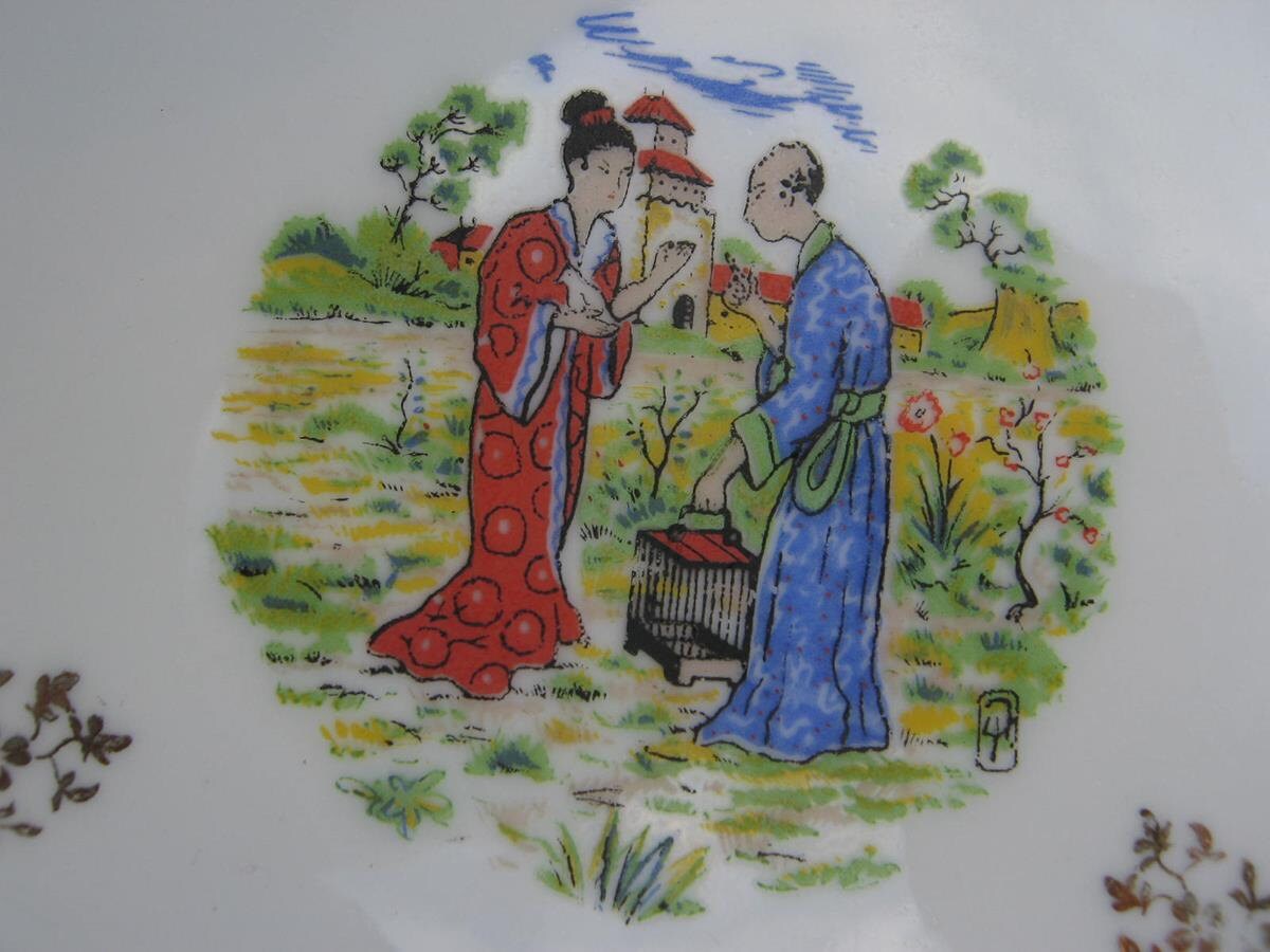 Limoges Plates, Ensemble de 2 Décor Japonais Peints à La Main Français Plaques Porcelaine, Bordé Gil