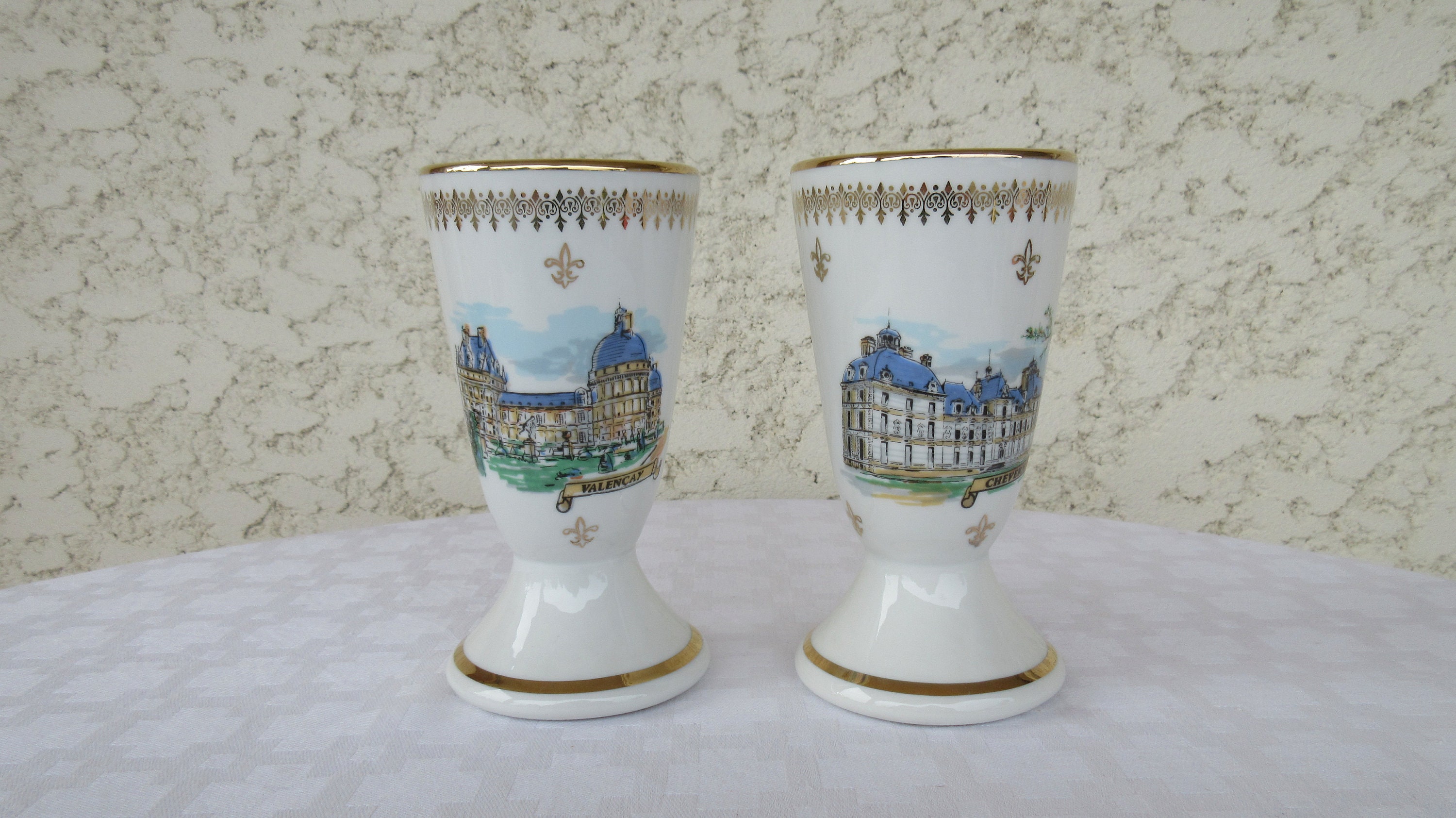 Tasses à Café, Ensemble de 2 Tasses en Porcelaine Chauvigny avec Français Châteaux Valencay et Cheve