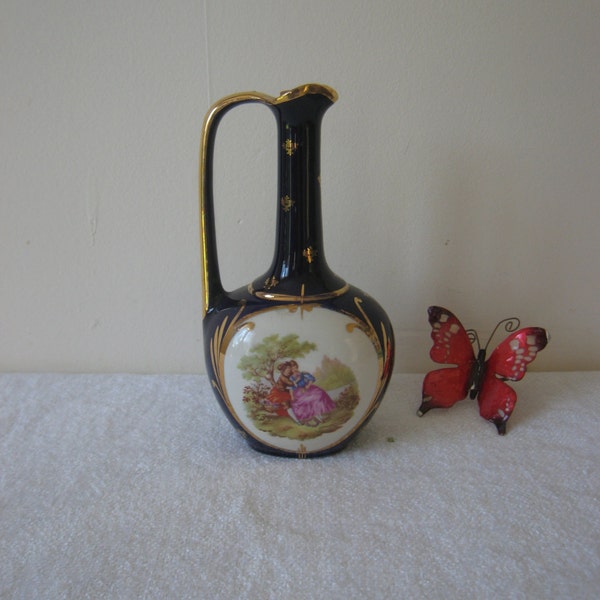 Vase, Vintage French Blue and Gold  Porcelain Ewer/Pitcher