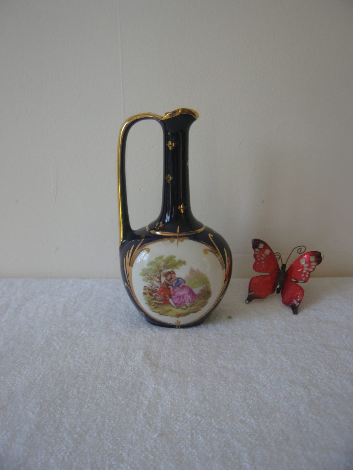 Vase, Vintage Français Blue & Gold Porcelain Ewer/Pitcher