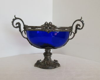 Jardiniere Blue Glass,  Large Spelter and Original Cobalt Blue Glass Fruit Bowl, Table Center Piece or Planter, Gift for Mom