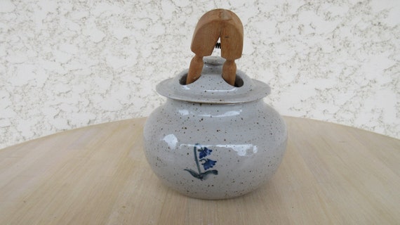 Antique white porcelain pickle jar with wooden tongs vintage French lidded storage jar