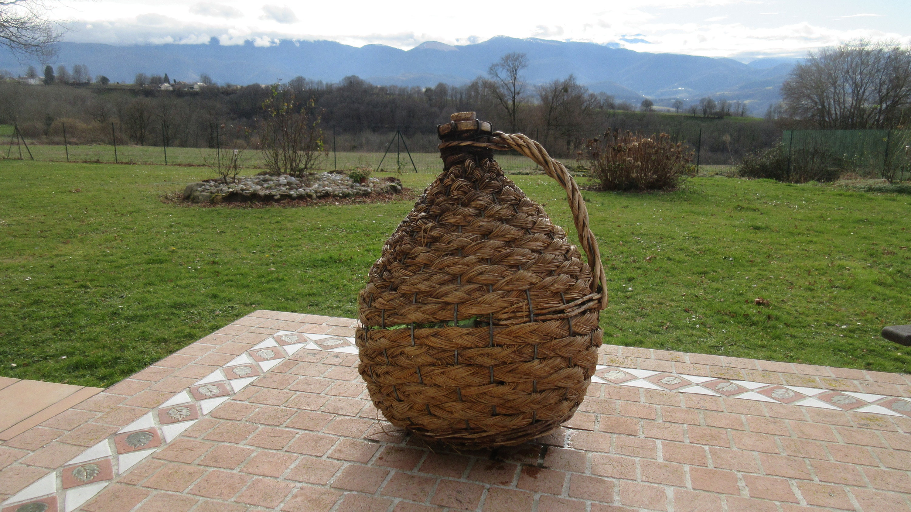 Français Demi-John, Carboy in Woven Wicker Basket, 10L Large Green Blown Glass Bottle, Viresa Marie 