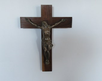 Crucifix Wall Hanging,  Jesus Cross / Crucifix, Made of Hardwood with Bronze Jesus Figure, Religious Gifts, French Antique Catholic Cross