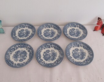 Lot de 6 TONQUIN Staffordshire Mott 4.5" soucoupes, jardin d’asiatique Ware transfert bleu avec bordure florale, dans un état merveilleux