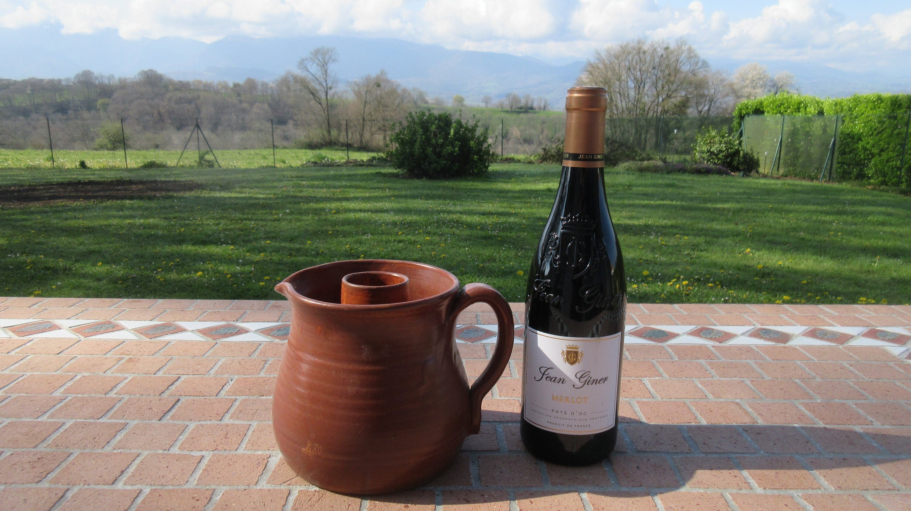 Earthenware Water Jug, Wine Jug With Ice Compartment, Lemonade Pitcher, Vintage Français Farmhouse C