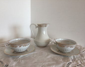 Breakfast Set for 2, Chauvigny French Porcelain Cups, Saucers and Jug with Gilt Decor, "Nous Deux", French Cottage Decor, Wedding Gift