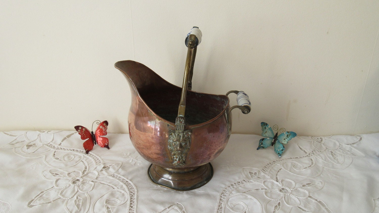 Sabordage de Charbon en Cuivre, Jardinière avec Poignées Porcelaine, Tête Lions, Ferme Français, Fra