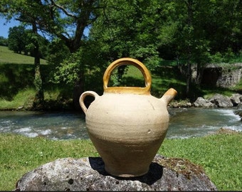 Stoneware Jug, Water/Wine Flagon, Glazed Interior, Farmhouse Decor, 12" French Country Cruche, Gift for Mum