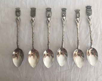 6 French Souvenir Spoons, Set of 6 Silvered Metal Coffee Spoons, Vintage Collectible, Pont du Gard, Canet Plage, Sete, French Gift