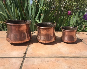 Cauldrons, Set of 3 Antique French Hanging Copper Kettle, Cauldron, Hammered Copper, Altar Cauldron, Rustic Home, French Farmhouse, Wigan
