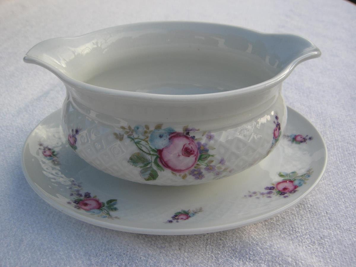 Gravy Dish, Sauce Bowl, Pretty Pink & Purple Floral Decor, Vintage Bavarian Bowl With Attached Under