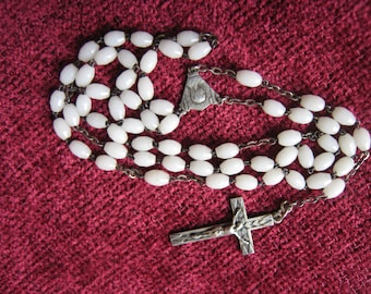 Rosary Opaline Milk Glass Beads, Religious Collectibles, Lourdes 5 Decade 16" Rosary, Vintage French