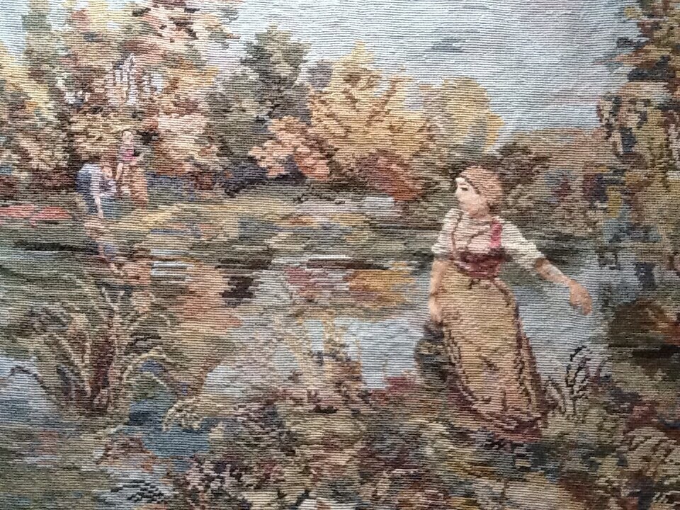 Tapisserie, Grande Tapisserie de Laine Achevée, Cousu à La Main, Détail Exceptionnel, Scène Campagne