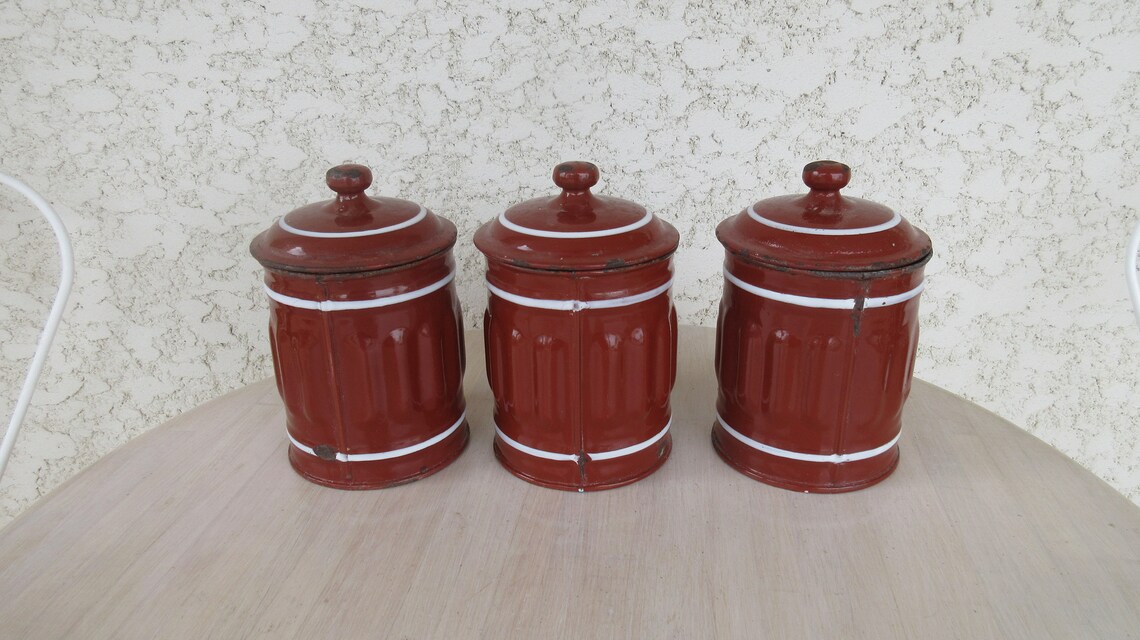 Enamel Kitchen Canisters Set of 3 Burgundy Red and White Etsy