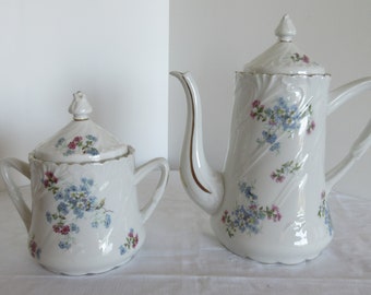 Limoges Coffee Pot with matching Sugar Bowl,  Blue and Pink Floral Design with Gilt Borders on White Porcelain, French Kitchenware