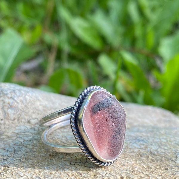 Seaham Sea Glass Ring – Purple Plum Argentium Sterling Silver, Size 9.5