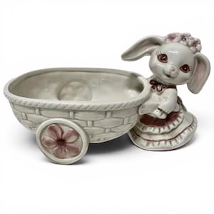 Vintage Lefton Ceramic Planter Bunny Rabbit Pushing Wicker Cart 1989 Japan Decor
