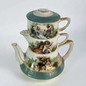 Vintage Stacking Tea Cup Set: Sugar Creamer & Spoon, Fine China Decor