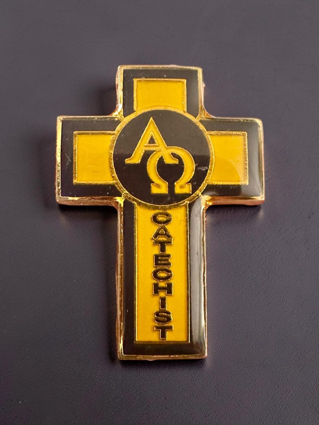 Vintage Alpha Omega Catechist Lapel Pin Yellow Black Catholic Gold Tone ...