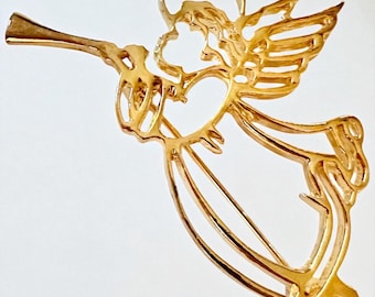Vintage Gold Tone Angel Trumpet Open Work Brooch Pin Jewelry Decorate Accessory decor