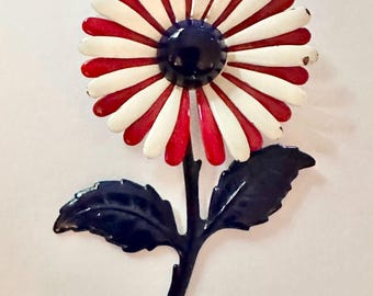 Vintage Enamel Daisy Brooch: Patriotic Red White Blue Floral Pin