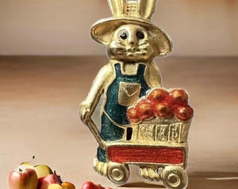 Broche vintage de conejo de Pascua de Danecraft: Conejito con carrito de manzanas