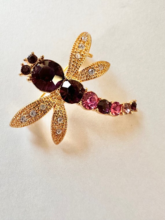 Vintage Dragonfly Brooch Pin Pink Purple Clear Rhi