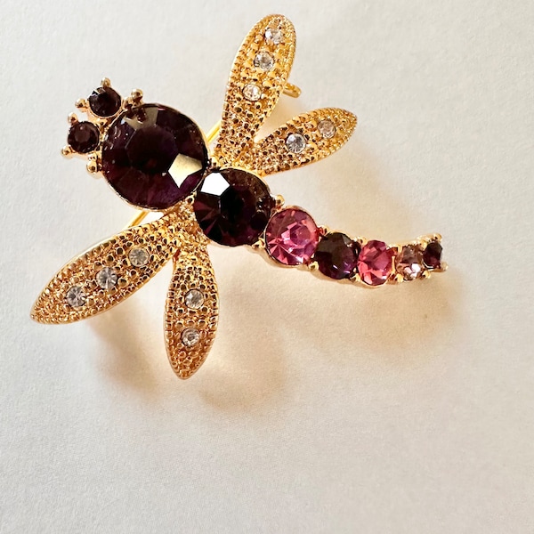 Vintage Dragonfly Brooch Pin Pink Purple Clear Rhinestones