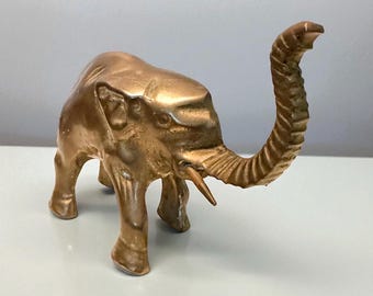 Figura de elefante vintage de latón, estatua con trompa hacia arriba, tono dorado, decoración coleccionable.