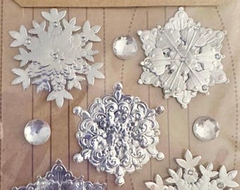Pegatinas vintage raras de Jolees Bling Boutiques con diseño de copos de nieve, ideales para álbumes de recortes navideños de invierno y manualidades.