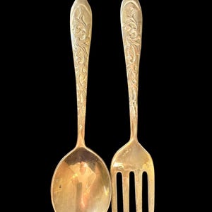 Vintage brass fork & spoon serving set  Large RARE 11” Decor Silverware